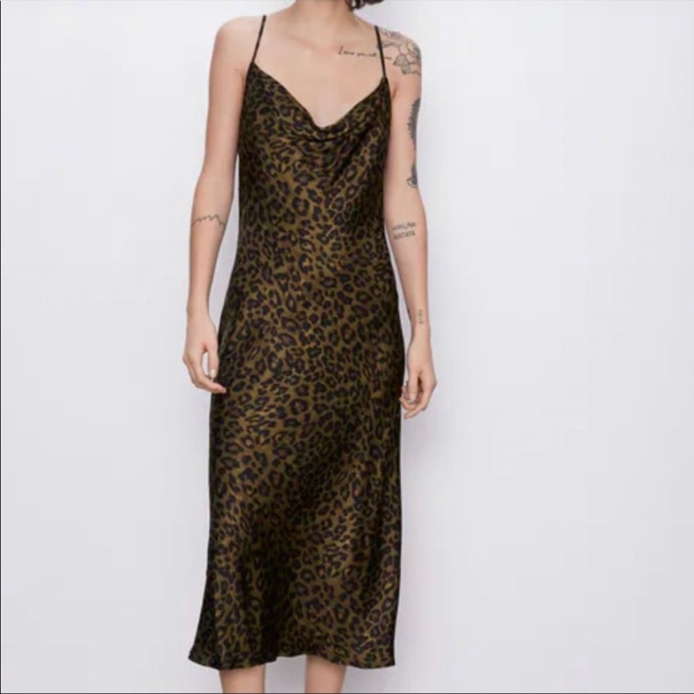Zara Leopard Cowl Neck Satin Midi Dress